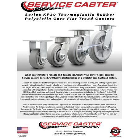 Service Caster 8 Inch Kingpinless Thermoplastic Rubber Wheel Swivel Top Plate Caster, 4PK SCC-KP30S820-TPRRF-4